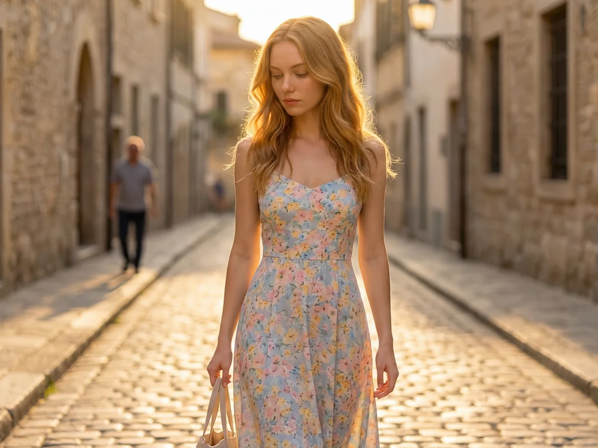 Léa Solace dans une ruelle en robe claire