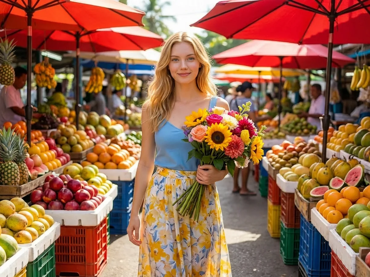 Léa Solace dans un marché coloré