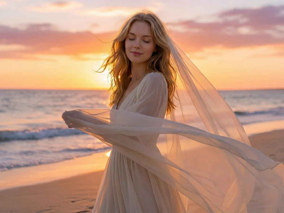 Léa Solace au coucher du soleil avec un voile clair