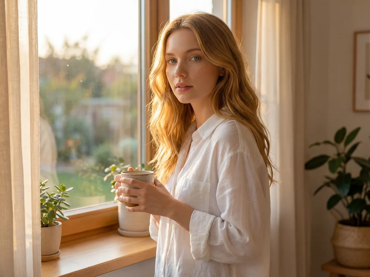 Léa Solace près d'une fenêtre avec une tasse